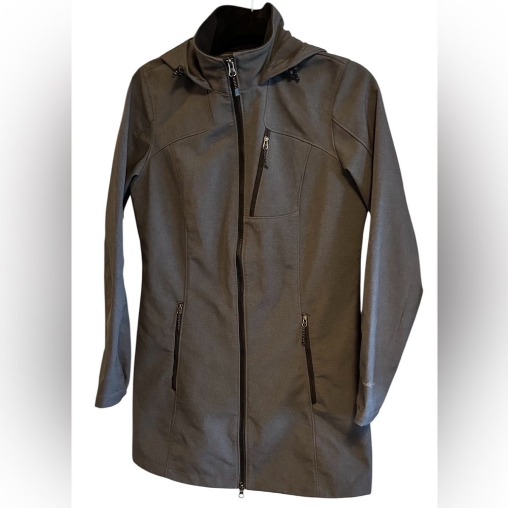 Women's Eddie Bauer medium soft shell trench coat in dark grey.